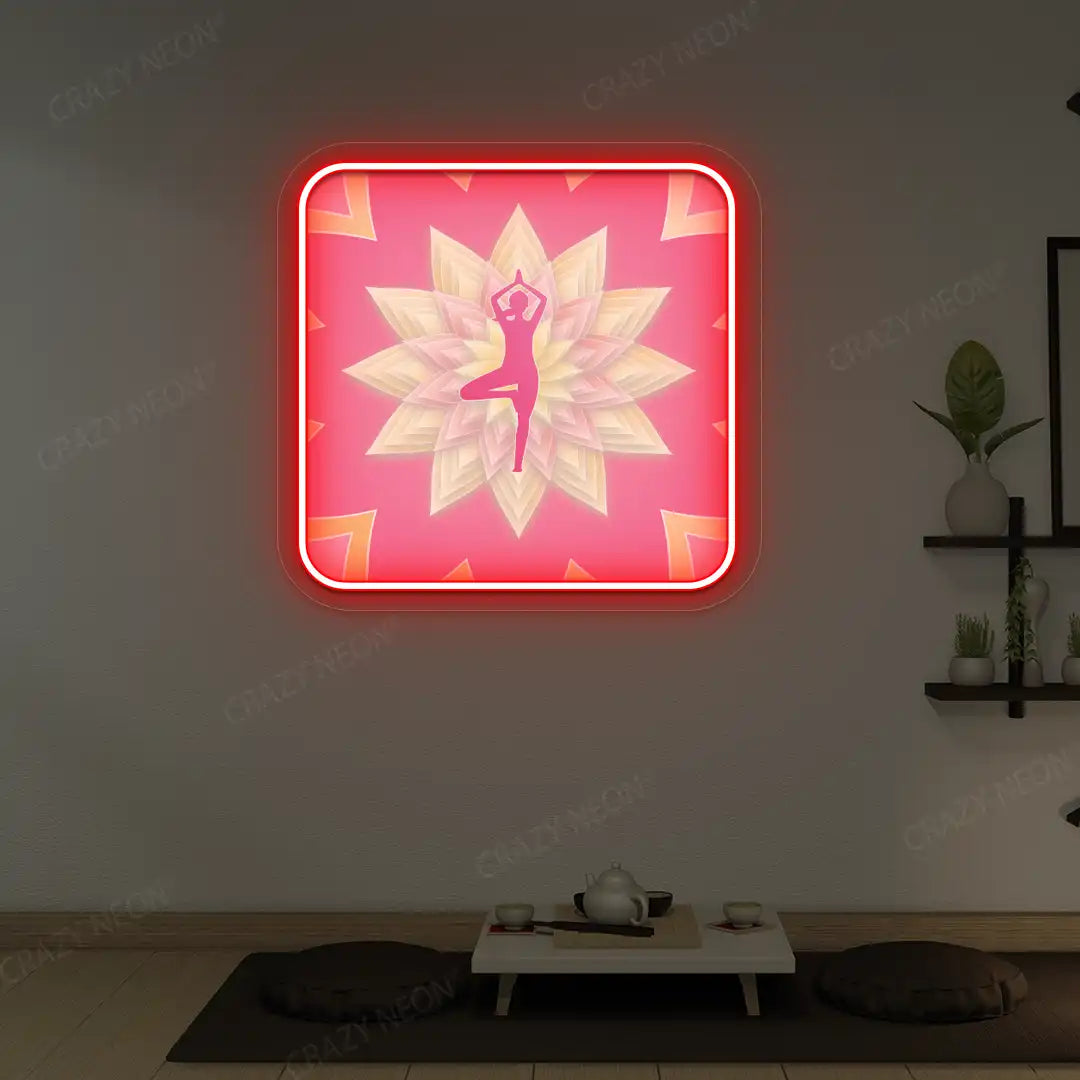 Vrikshasana Mandala Yoga Neon Artwork lighting up in red color in a yoga room