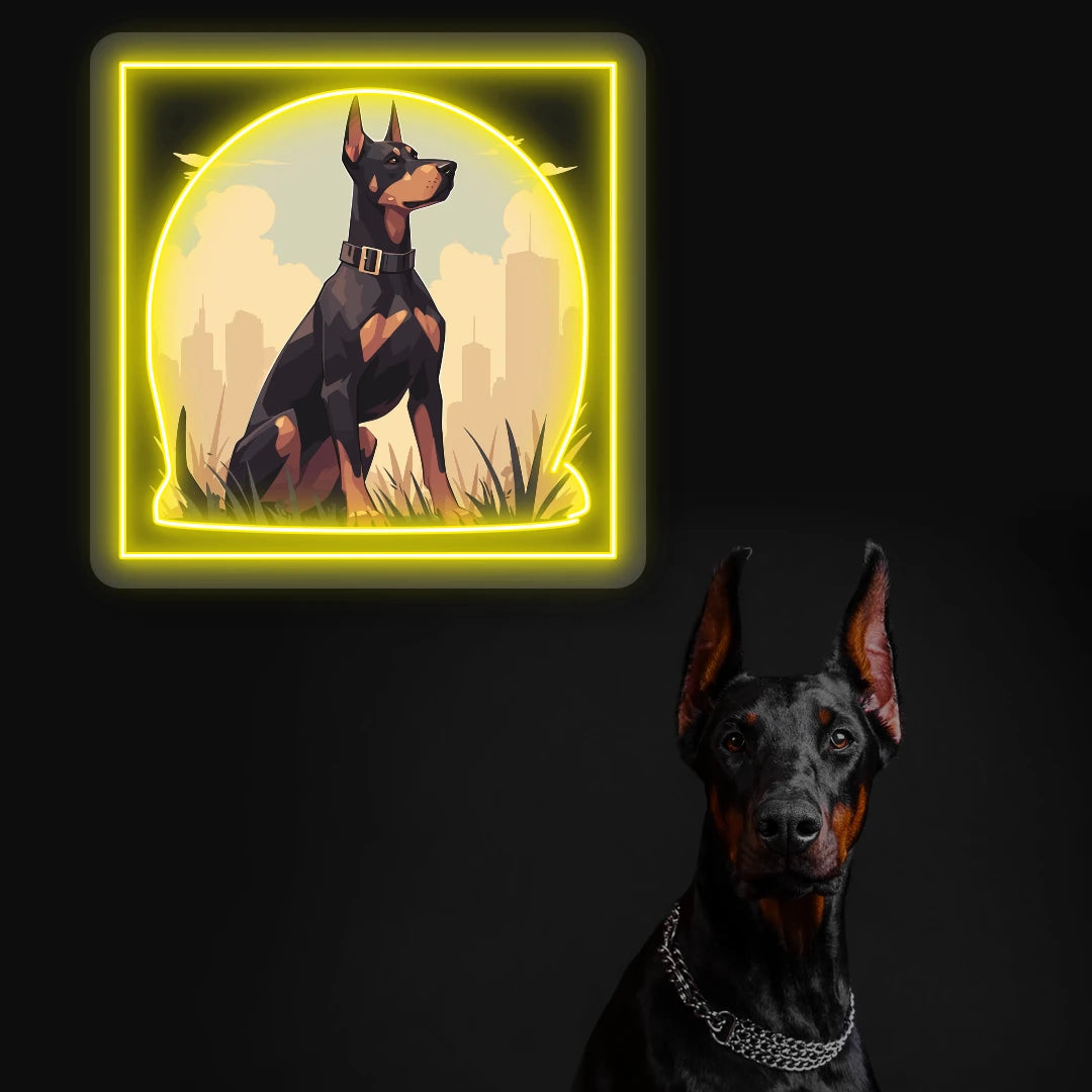 City Sentinel Doberman Neon Artwork in Yellow color
