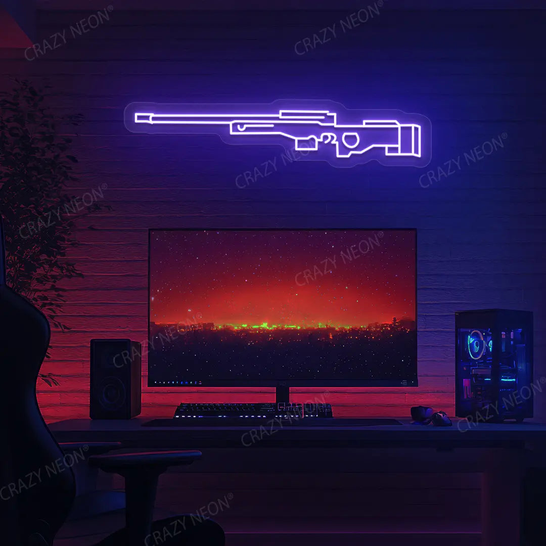 AWM Gaming Gun Neon Sign in purple color