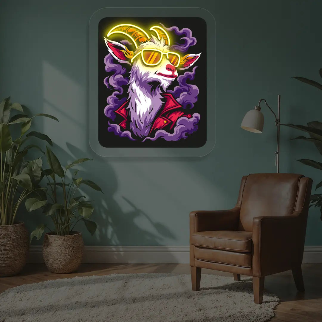 Stylish Goat with Sunglasses Neon Artwork in yellow color