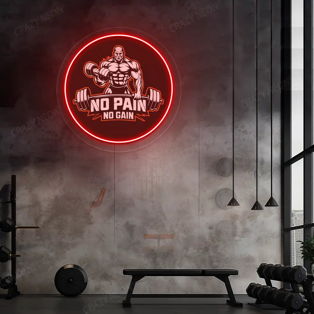 red no pain no gain gym neon artwork mounted on a wall