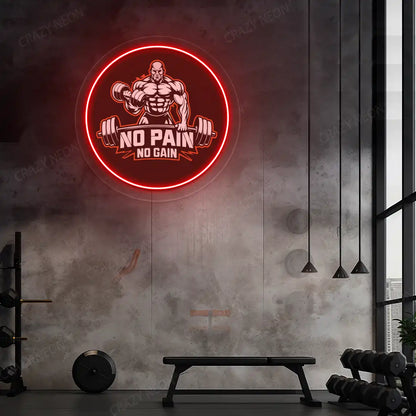red no pain no gain gym neon artwork mounted on a wall