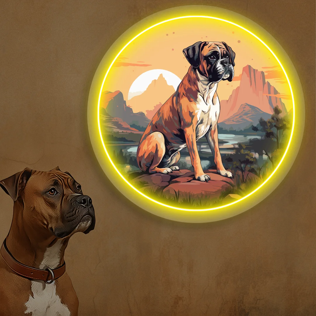 Desert Sunset Boxer Dog Neon Artwork in Yellow color