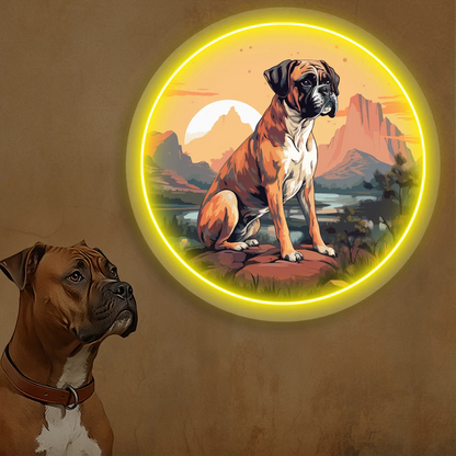 Desert Sunset Boxer Dog Neon Artwork in Yellow color