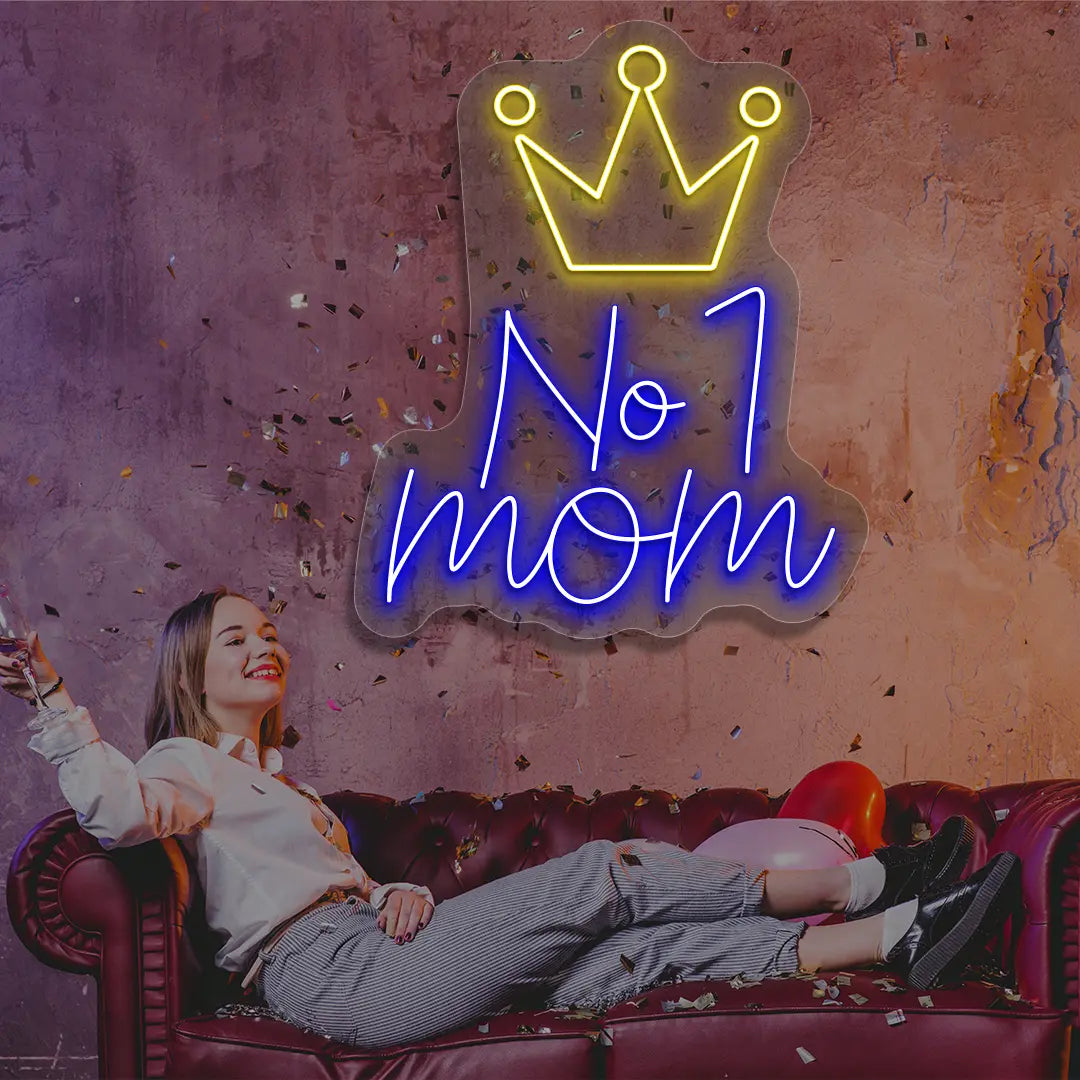 blue and yellow no 1 mom crown neon sign mounted on a wall
