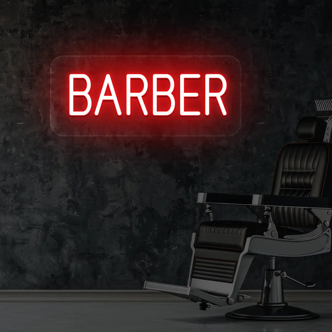 Barber Neon Sign in Red Colour Mounted on Wall 