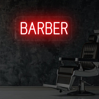 Barber Neon Sign in Red Colour Mounted on Wall 