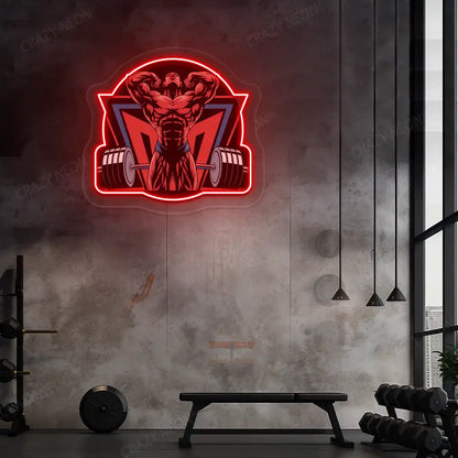 red powerlifter era gym neon artwork mounted on a wall
