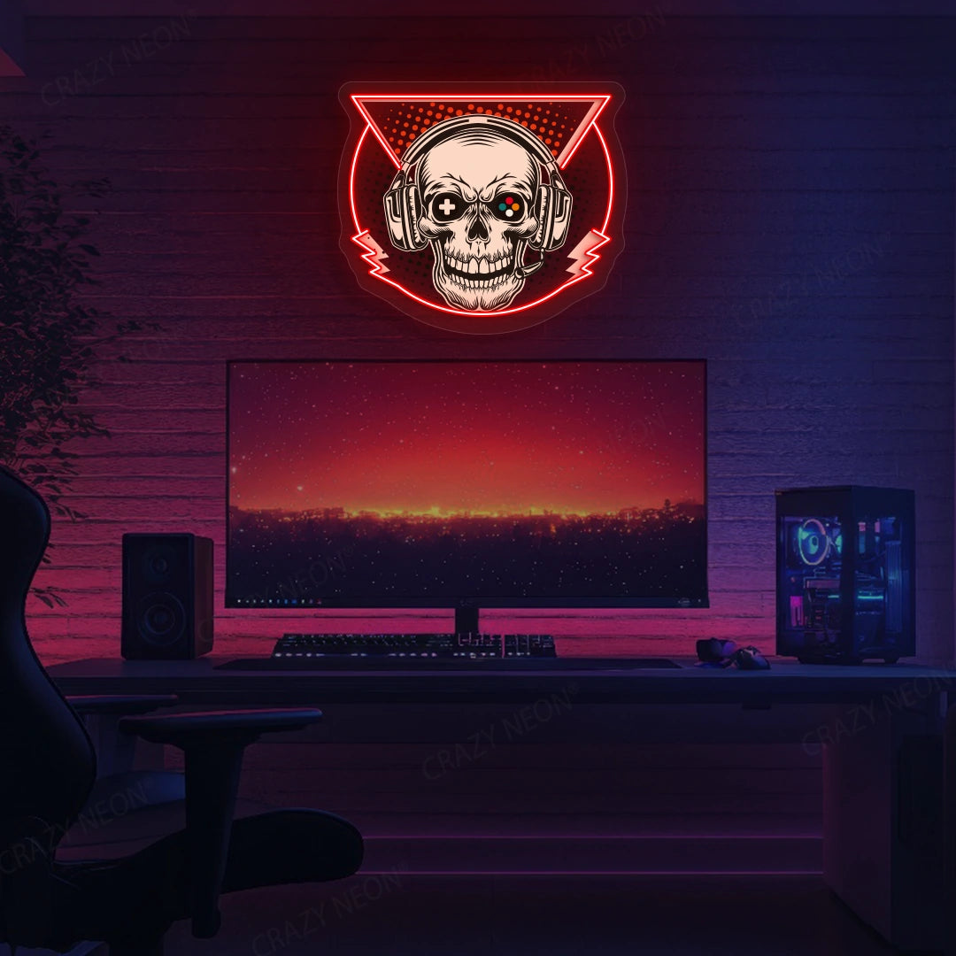 Skull Headphone Gaming Neon Artwork in Red Color