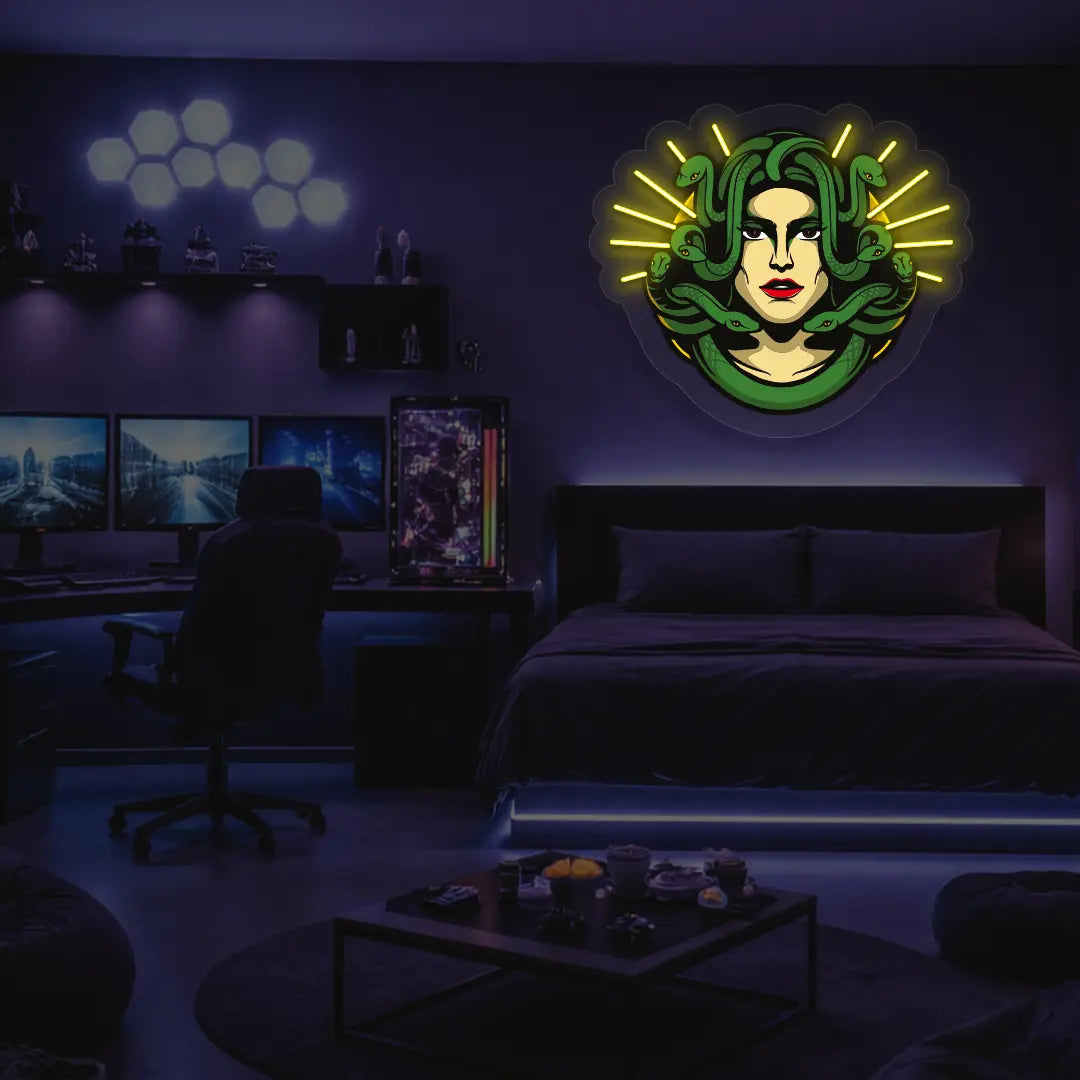 Medusa Head Snake Neon Artwork in yellow color