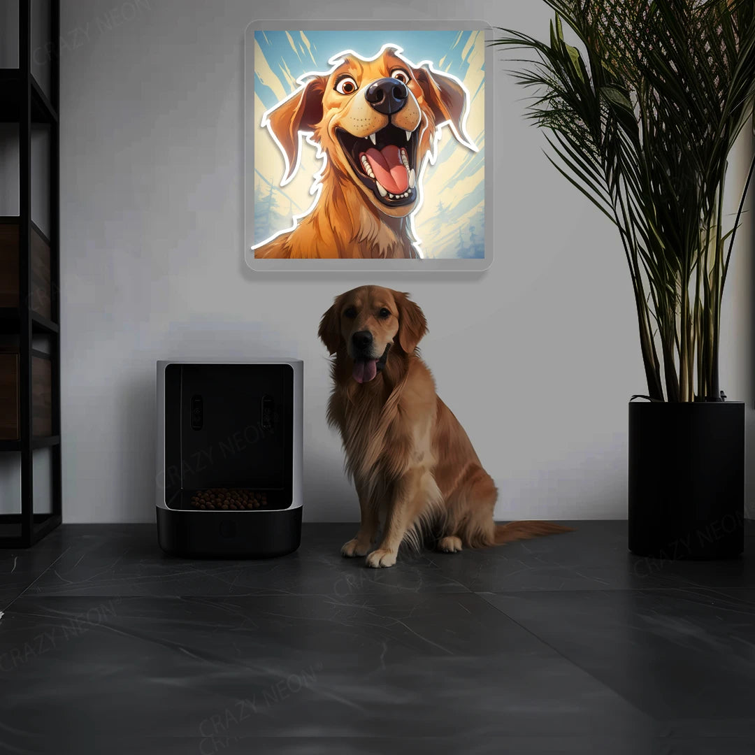 Goofy Smile Golden Retriever Neon Artwork in White color