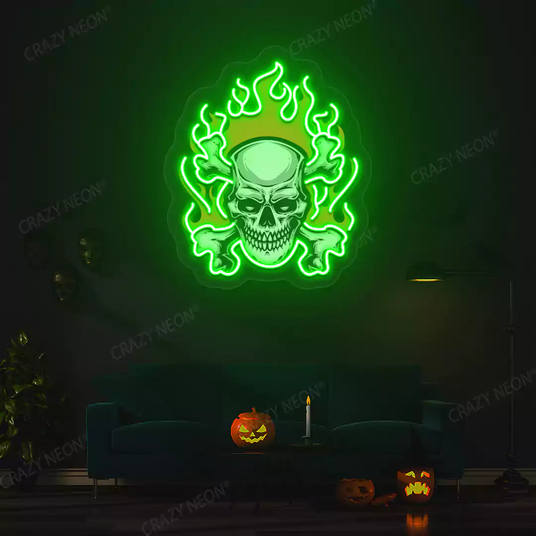 Flaming Skull Neon Artwork | Green