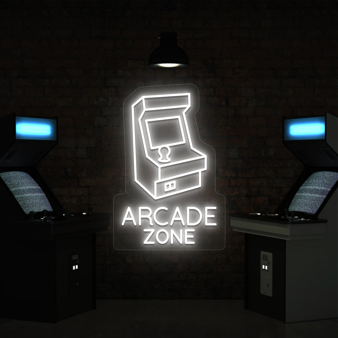 white nostalgic arcade zone vintage neon sign mounted on a wall