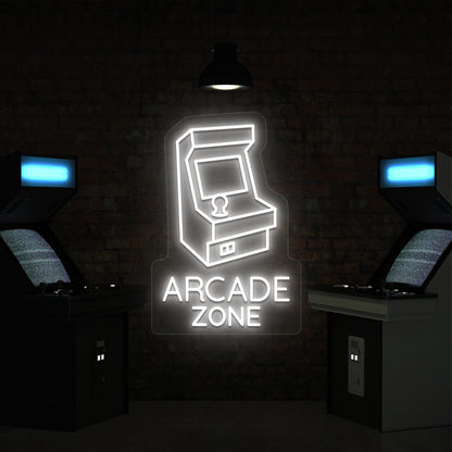 white nostalgic arcade zone vintage neon sign mounted on a wall