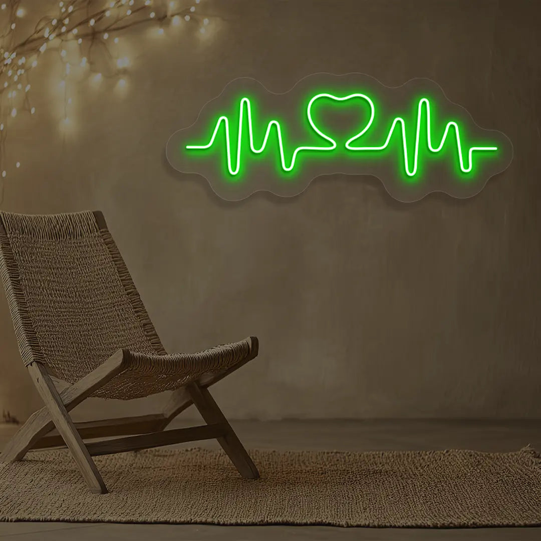 green love pulse neon sign mounted on a wall