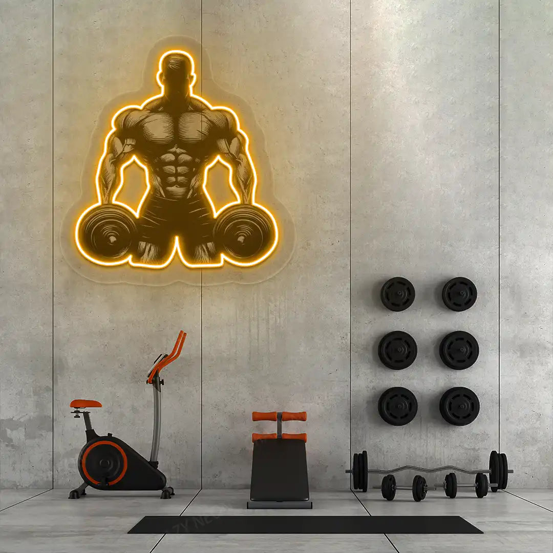 orange muscle man dumbbell gym neon artwork mounted on a wall