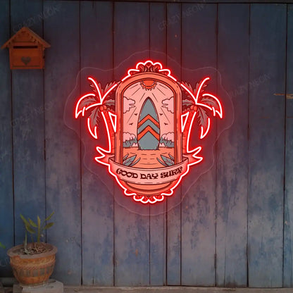 red good day surf beach neon artwork mounted on a wall