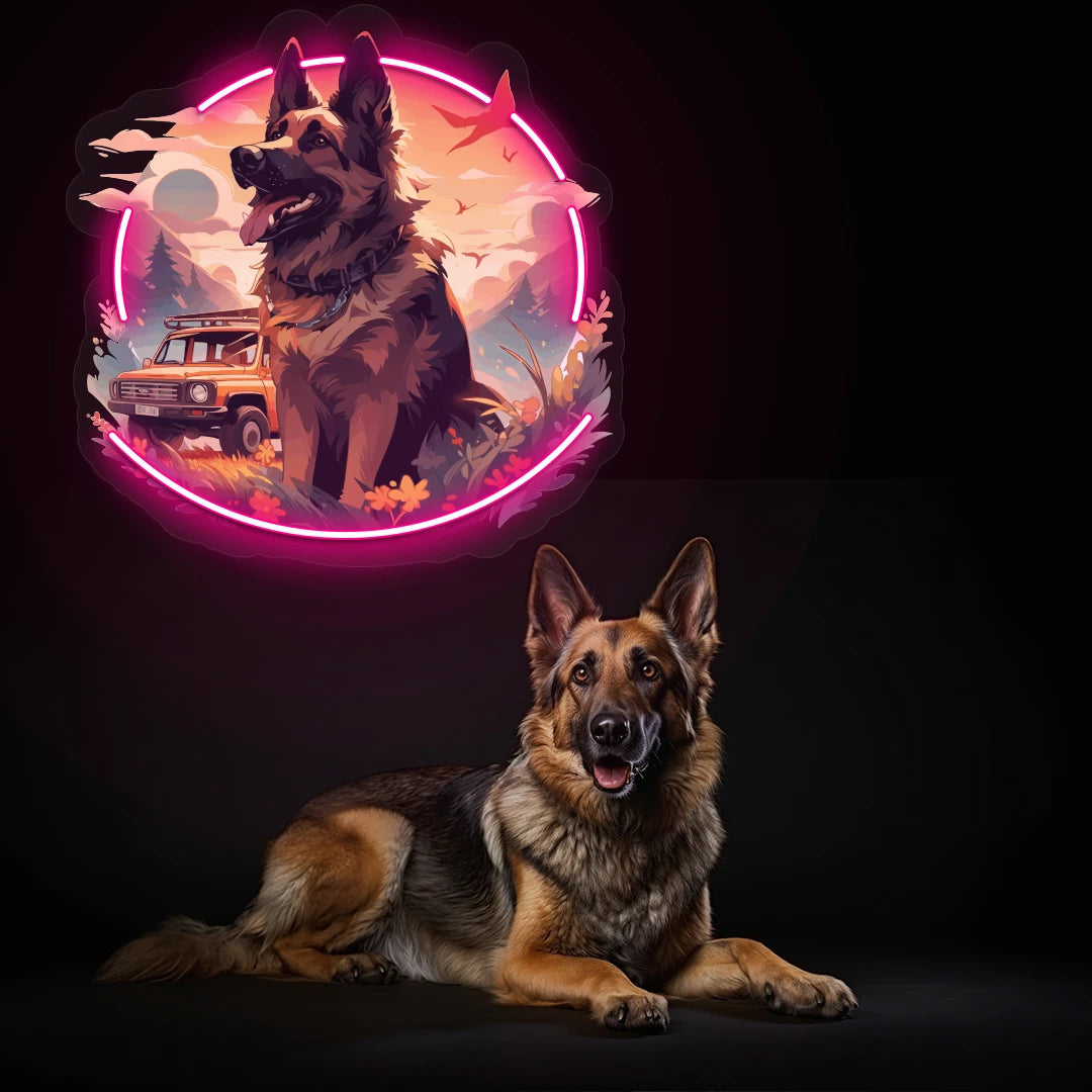 Adventure Trail German Shepherd Neon Artwork in Pink color