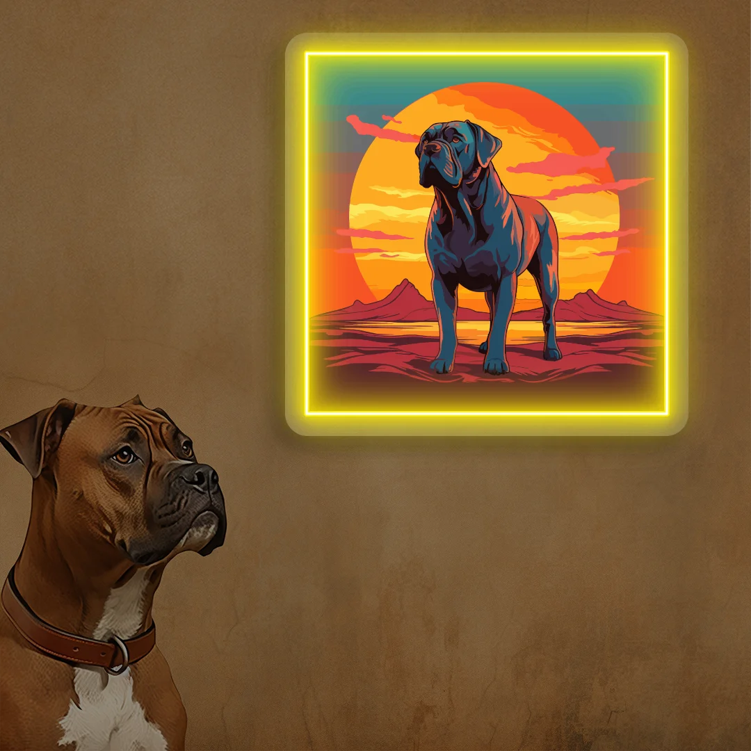 Sunset Canyon Mastiff Dog Neon Artwork in Yellow color