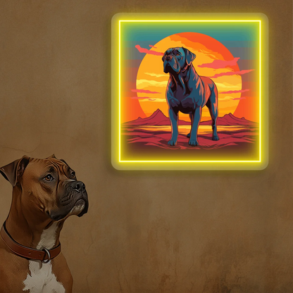 Sunset Canyon Mastiff Dog Neon Artwork in Yellow color