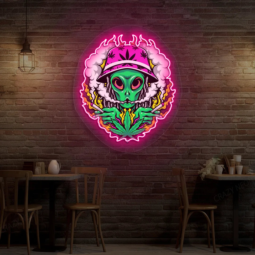 Alien Smoking Weed Neon Artwork in pink color