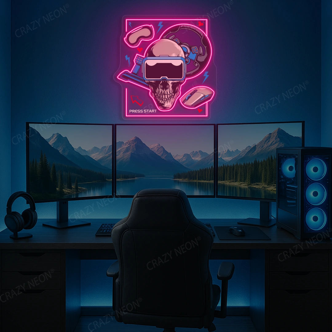 VR Skull Racer Gaming Neon Artwork in Pink color