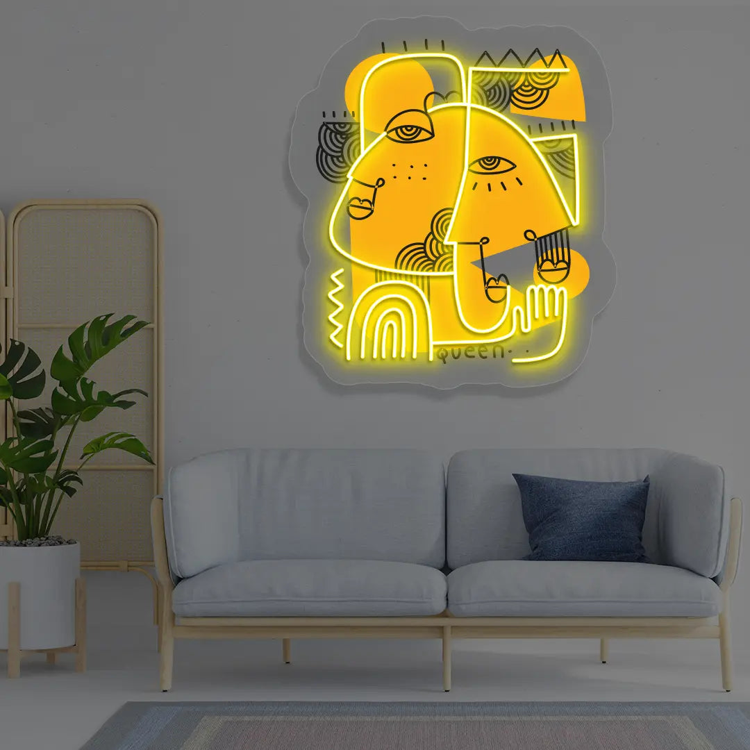 yellow golden muse abstract Neon Artwork Sign mounted on a wall