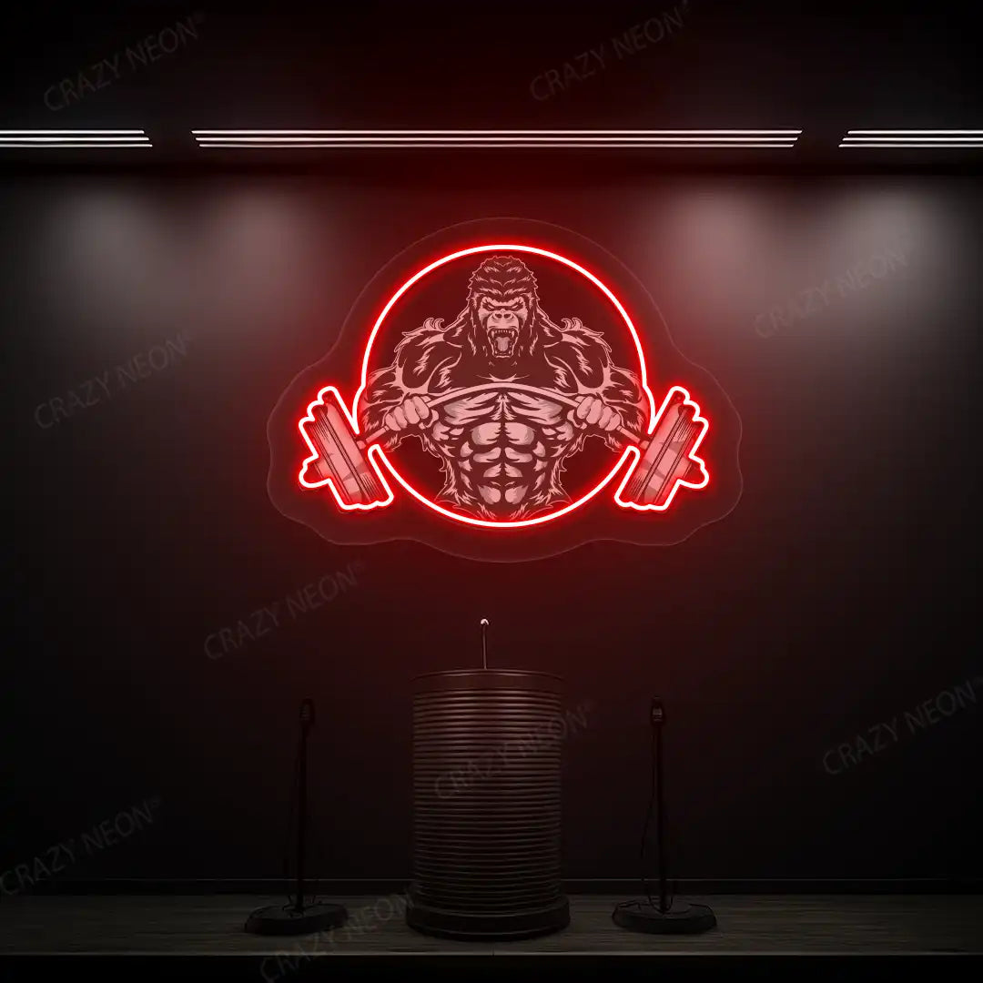 red roaring gorilla gym neon artwork mounted on a wall
