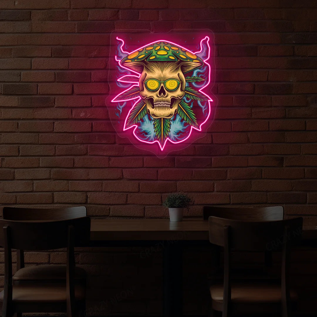 Psychedelic Skull Mushroom Hat Weed Neon Artwork in Pink Color