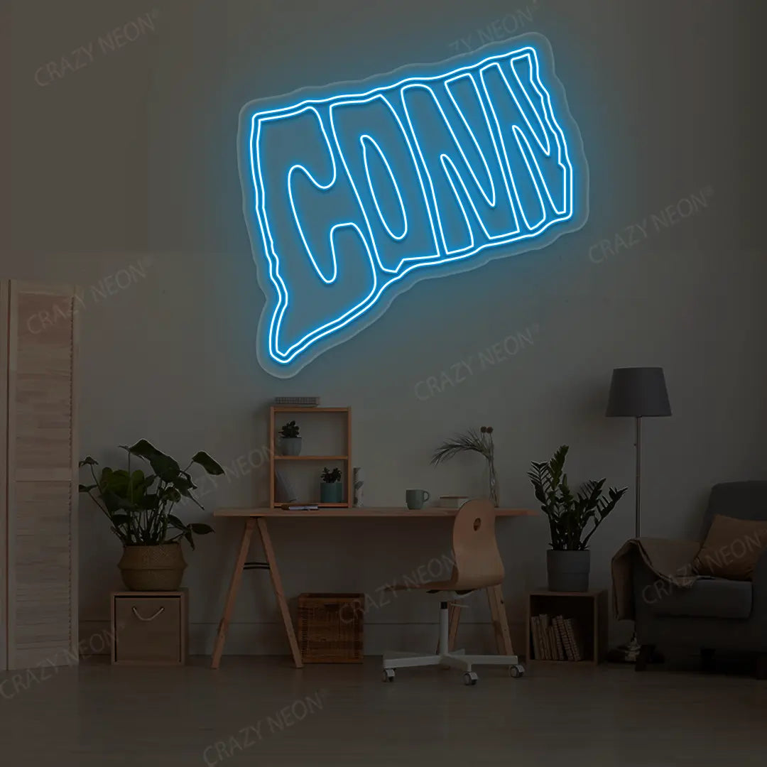 CONNECTICUT Map Neon Sign lighting up in iceblue color in a room