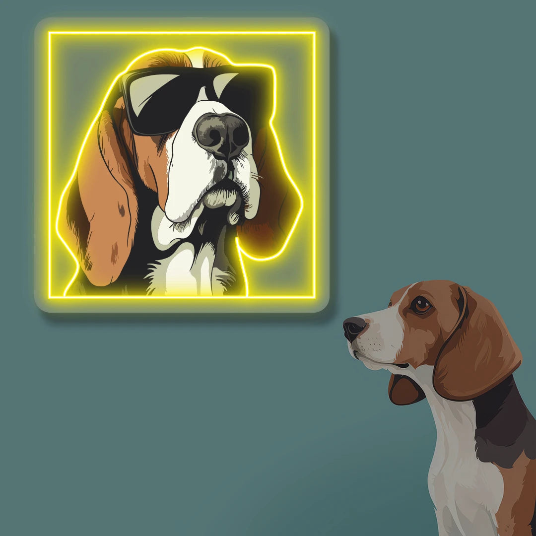 Cool Shades Beagle Portrait Neon Artwork in yellow color