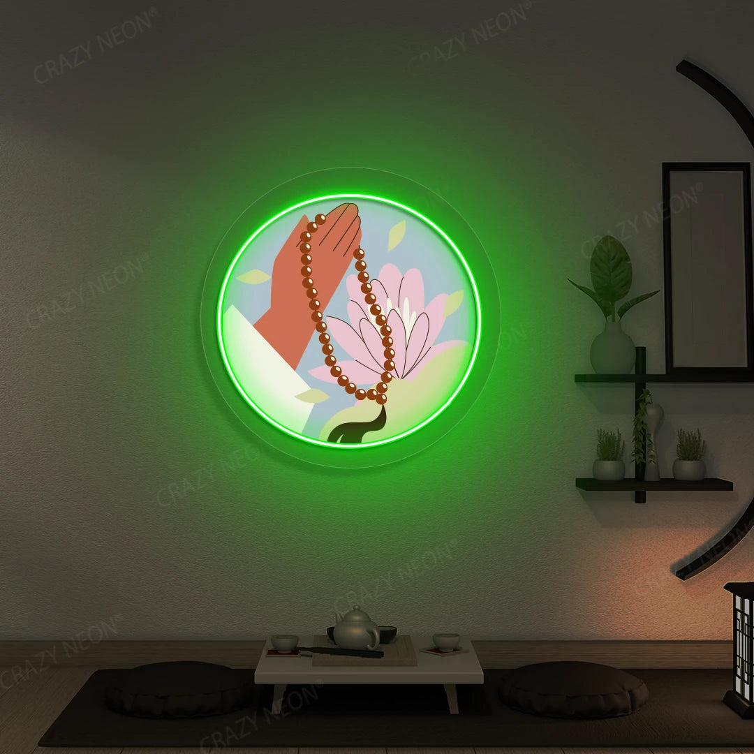 Lotus Japa Neon Artwork lighting up in green color in a yoga room