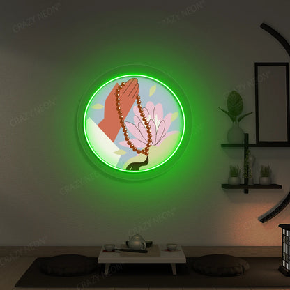 Lotus Japa Neon Artwork lighting up in green color in a yoga room