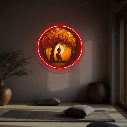 Golden Bodhi Buddha Neon Artwork lighting up in red color in a yoga room