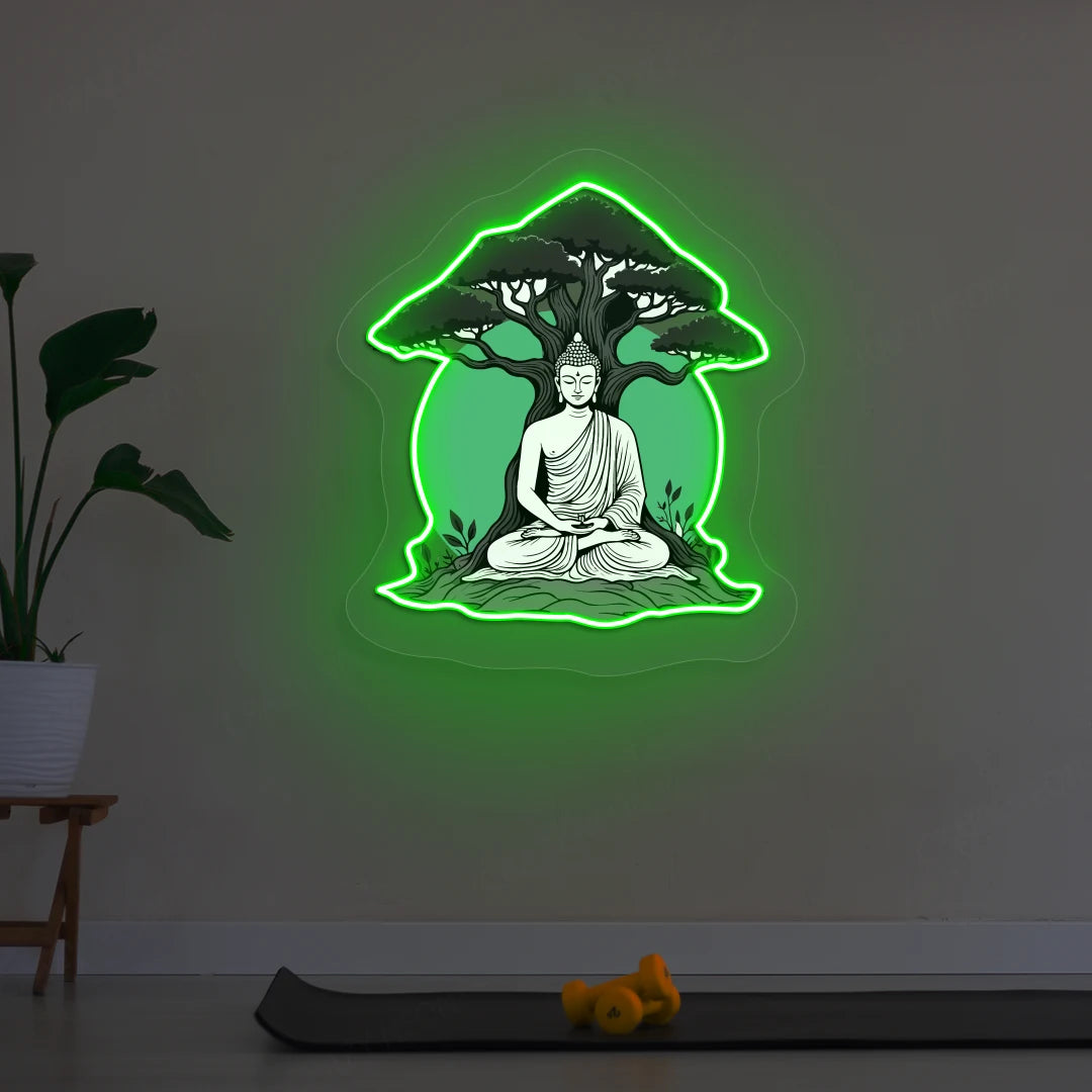 Buddha under Bodhi Neon Artwork lighting up in Green color in room 