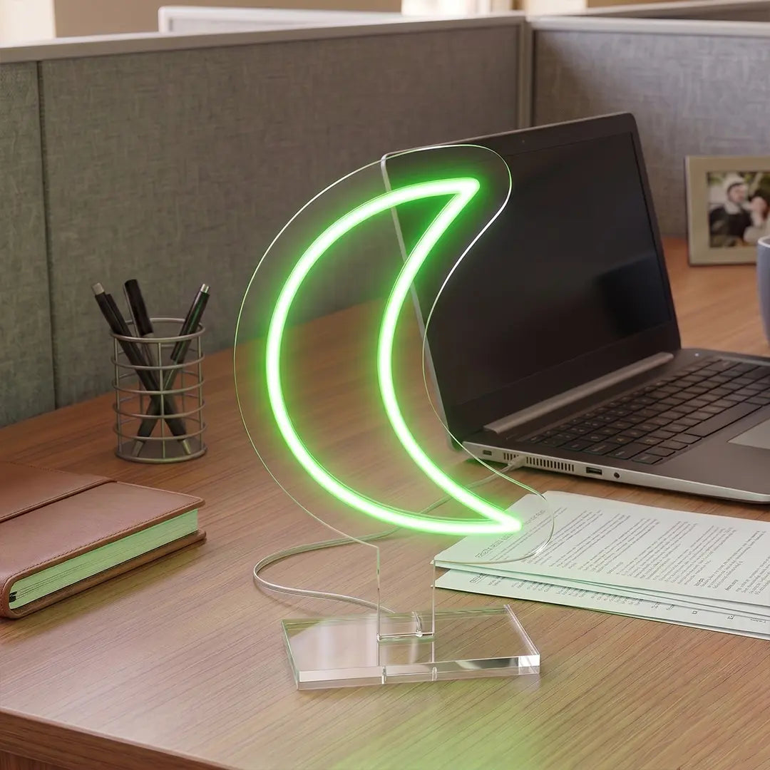 Crescent Moon Mini Neon Sign in Green Color