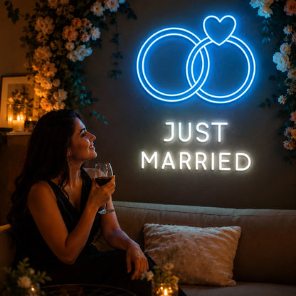 Just Married Rings Wedding Neon Sign