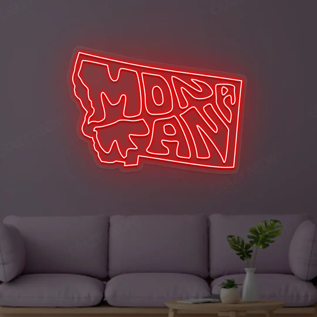 MONTANA Map Neon Sign lighting up in red color in a room