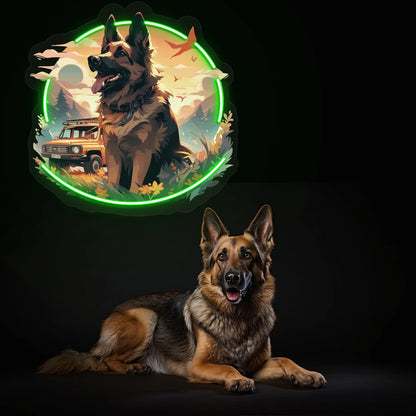 Adventure Trail German Shepherd Neon Artwork in Green color 