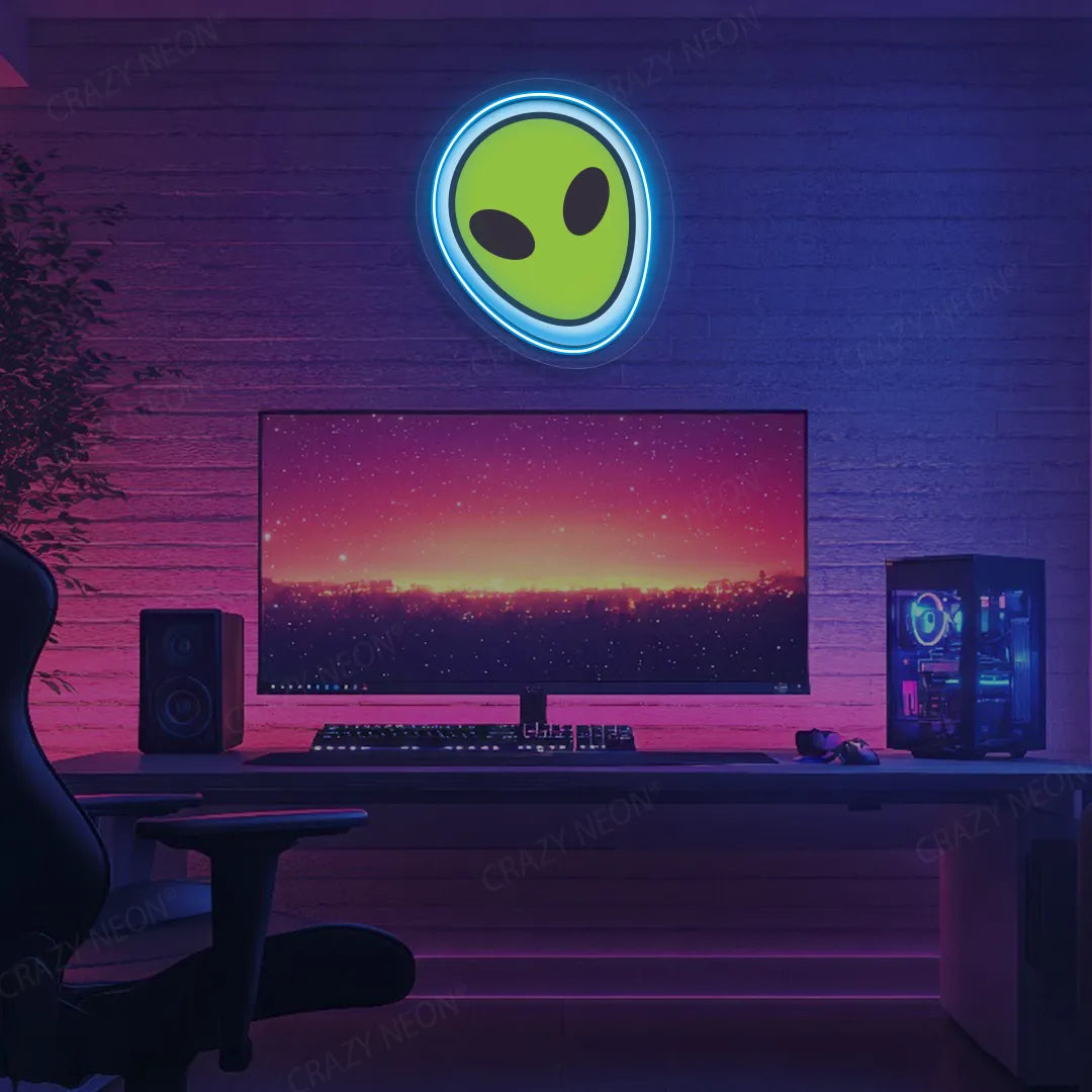 Alien Face Emoji Neon Artwork | Iceblue