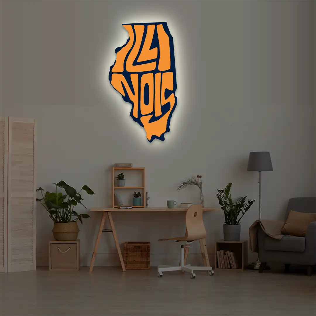 Illinois map backlit metal wall art vinyl print with warm white LED glow