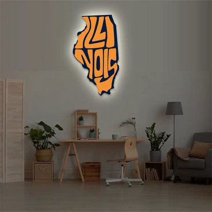 Illinois map backlit metal wall art vinyl print with warm white LED glow