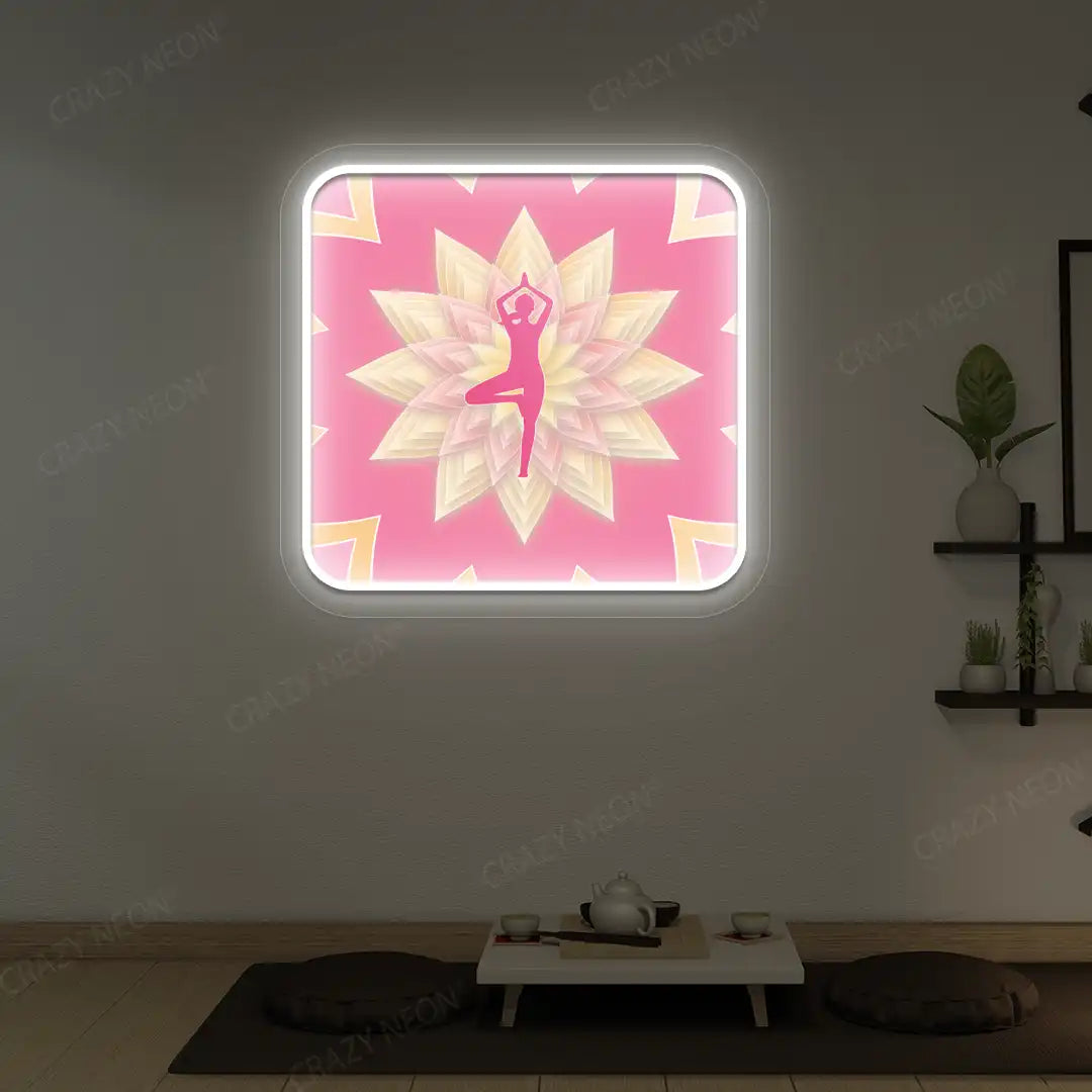 Vrikshasana Mandala Yoga Neon Artwork lighting up in white color in a yoga room