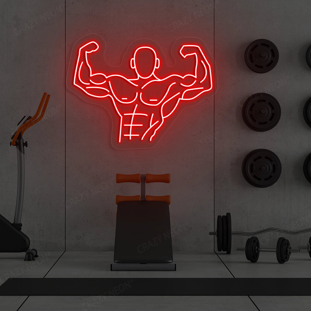 red flexing bodybuilder gym neon sign mounted on a wall