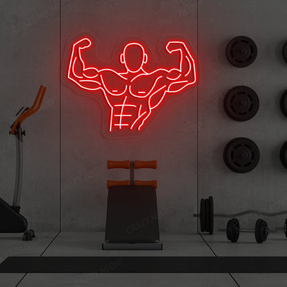 red flexing bodybuilder gym neon sign mounted on a wall