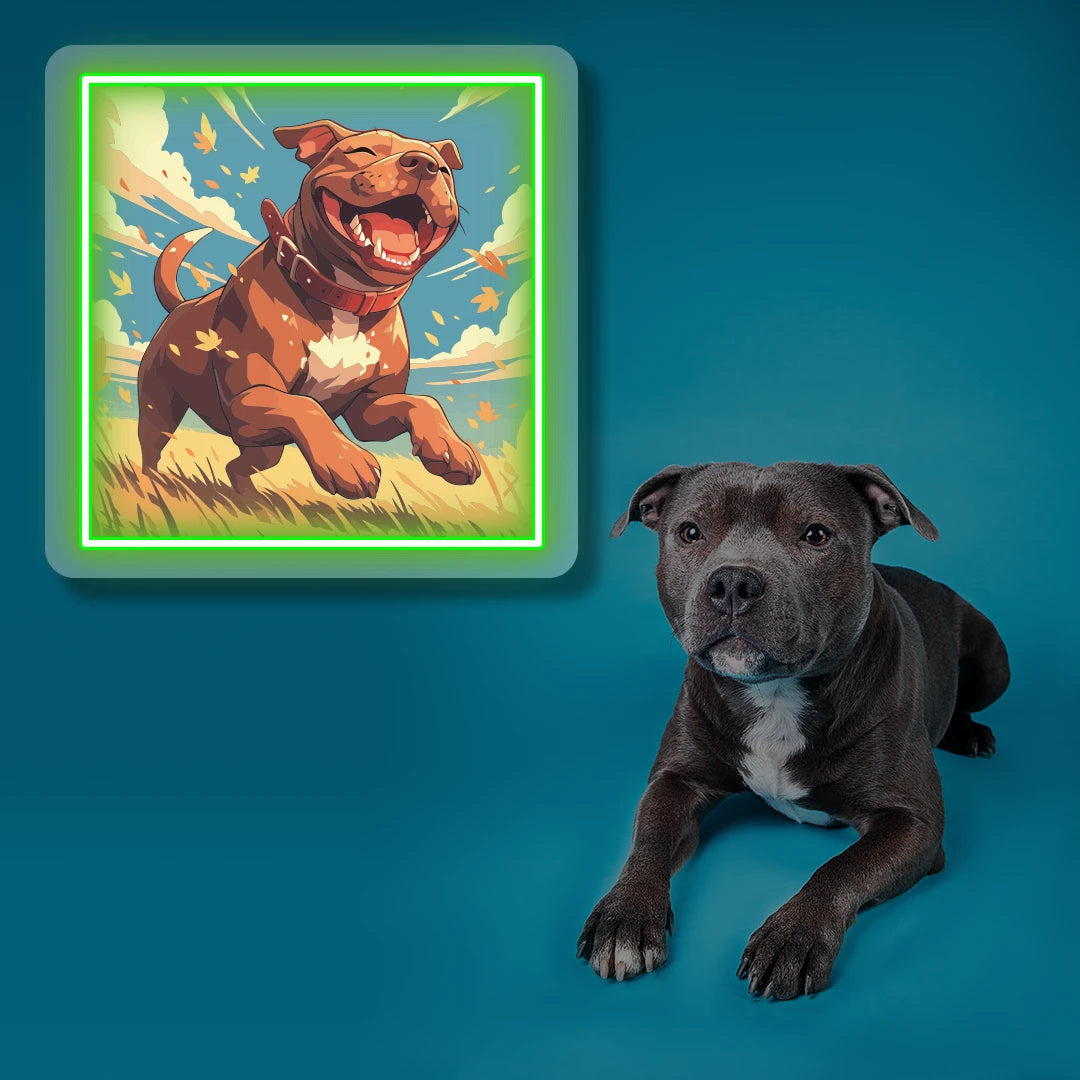 Happy Staffordshire Bull Terrier Portrait Neon Artwork in Green Color