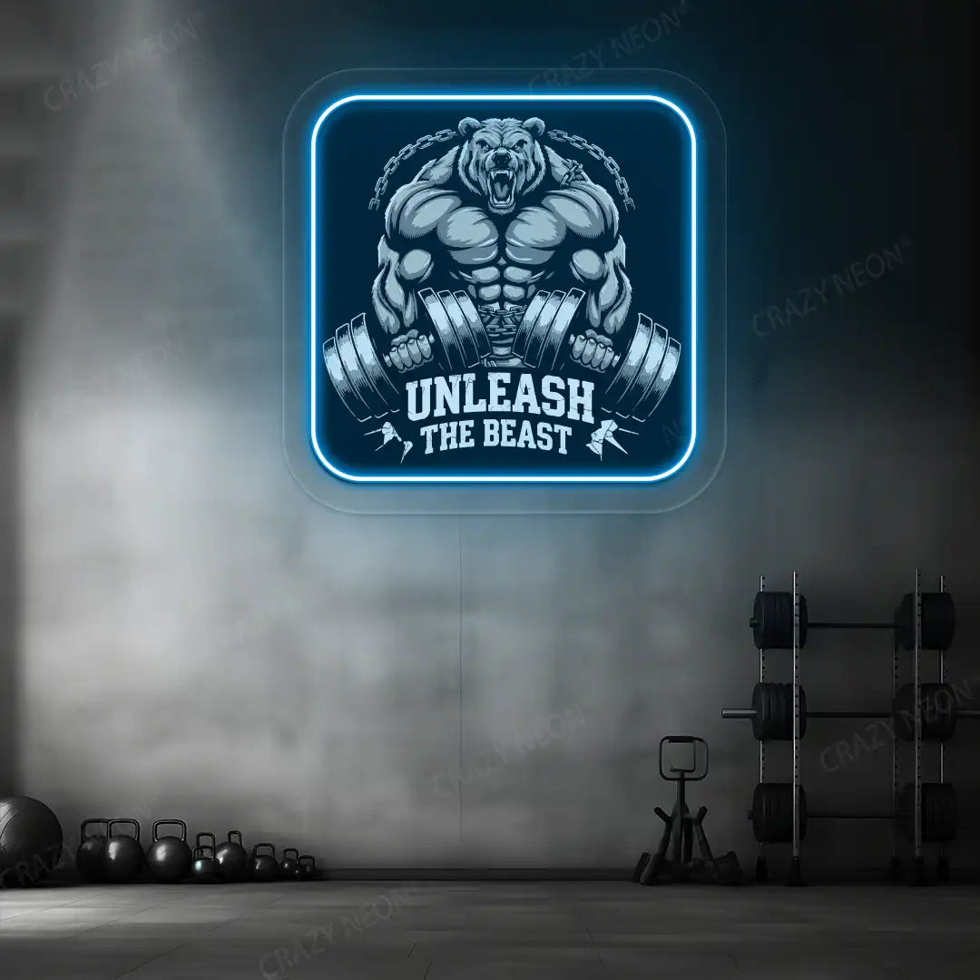 ice blue unleash the beast bear neon artwork mounted on a wall