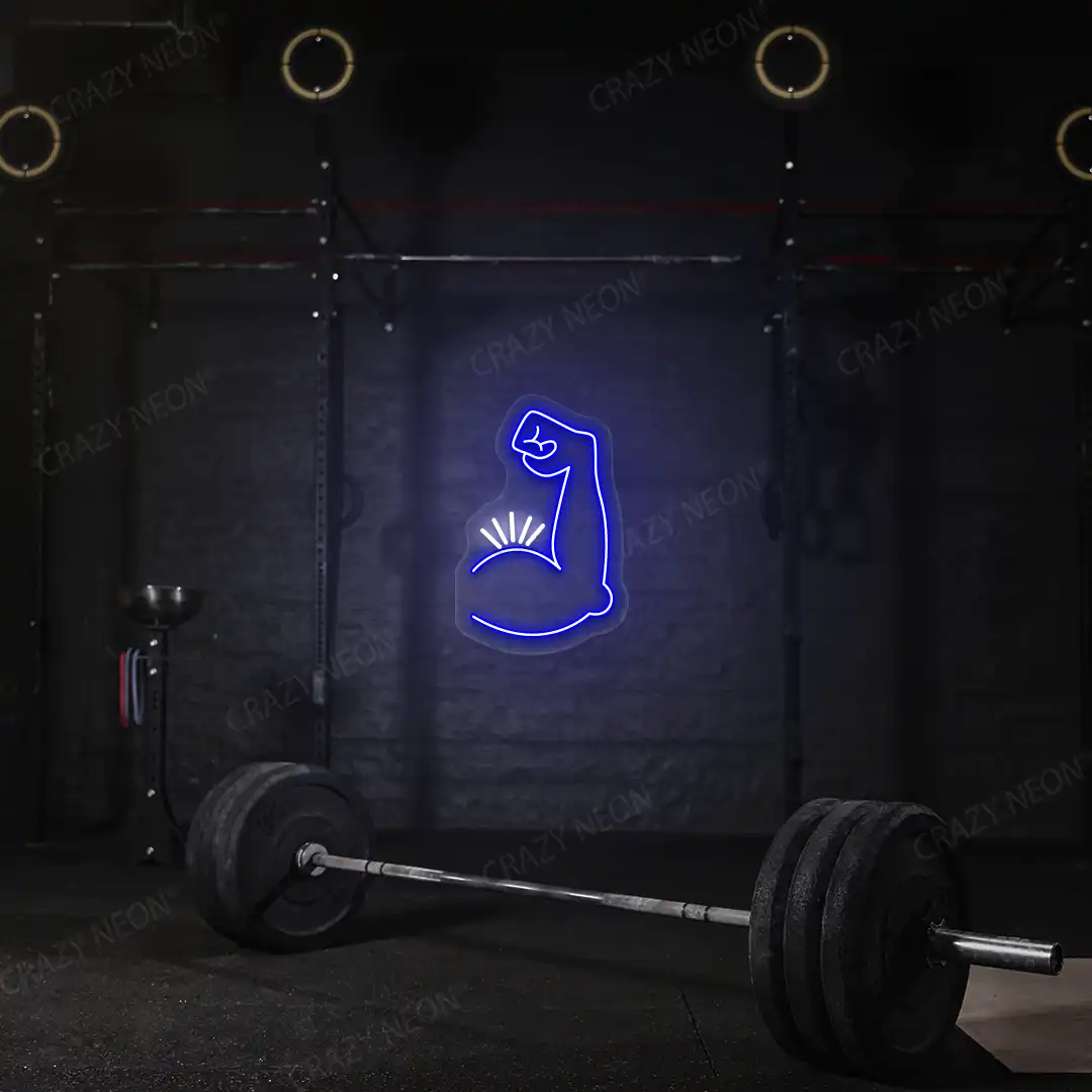 blue and white bicep pump neon sign mounted on a wall