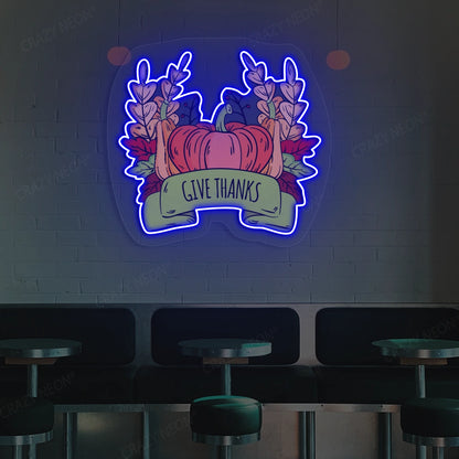 Pumpkin harvest give thanks neon sign in blue