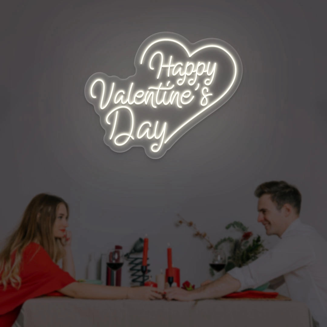 Happy valentine Day With Heart Neon Sign | White